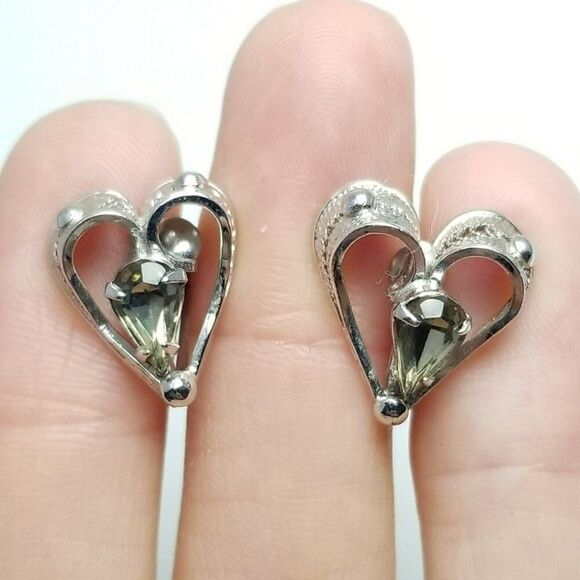 Estate Jewelry - Vintage Sterling Silver Heart Shape Rhinestone Clip On Screw Back Earrings